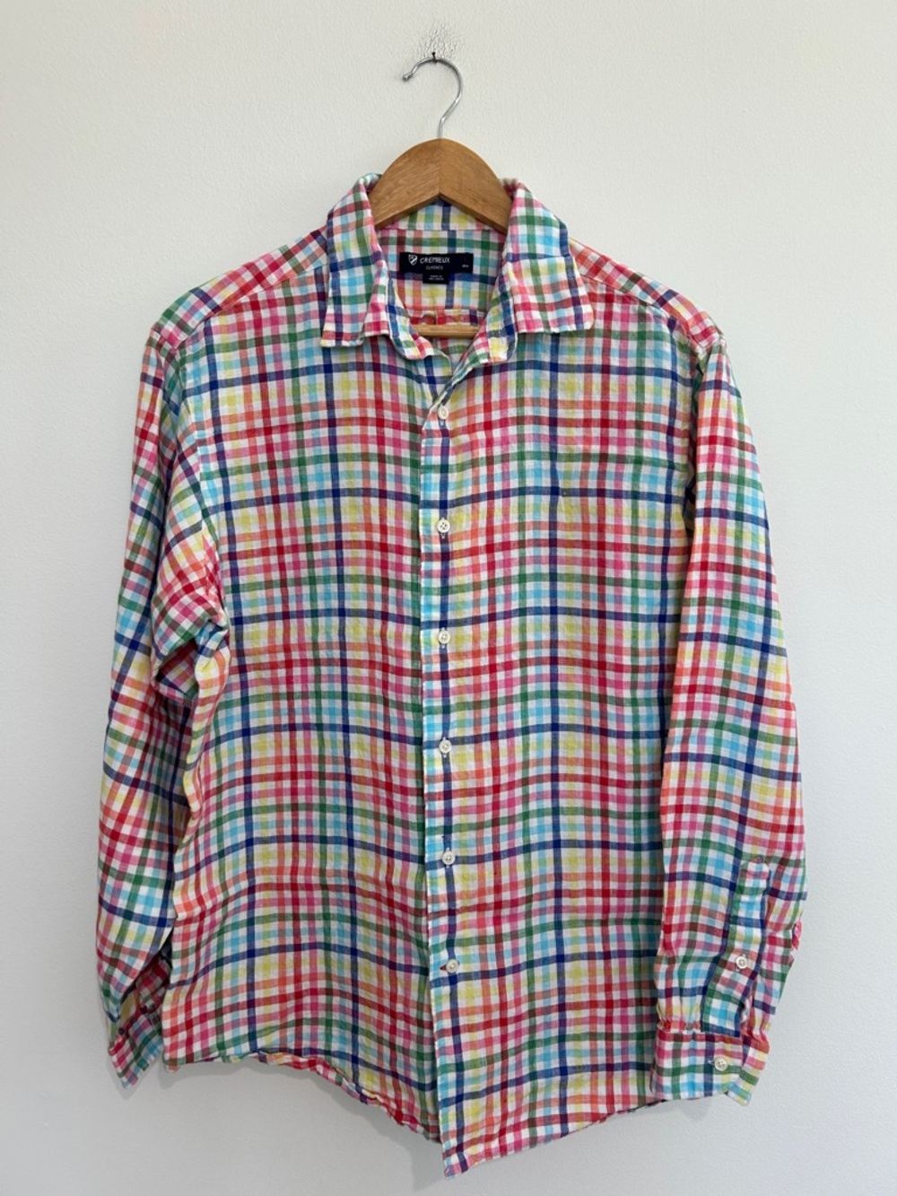 Men’s Cremieux Classics 100% Linen Rainbow Plaid Shirt Size Large EUC